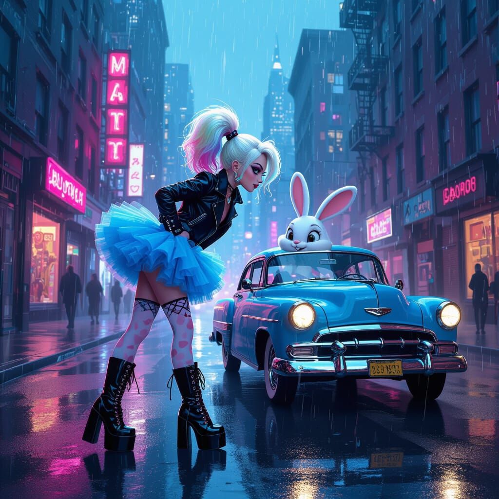 Punk Girl Meets Cartoon Rabbit in Stylized Urban Fantasy