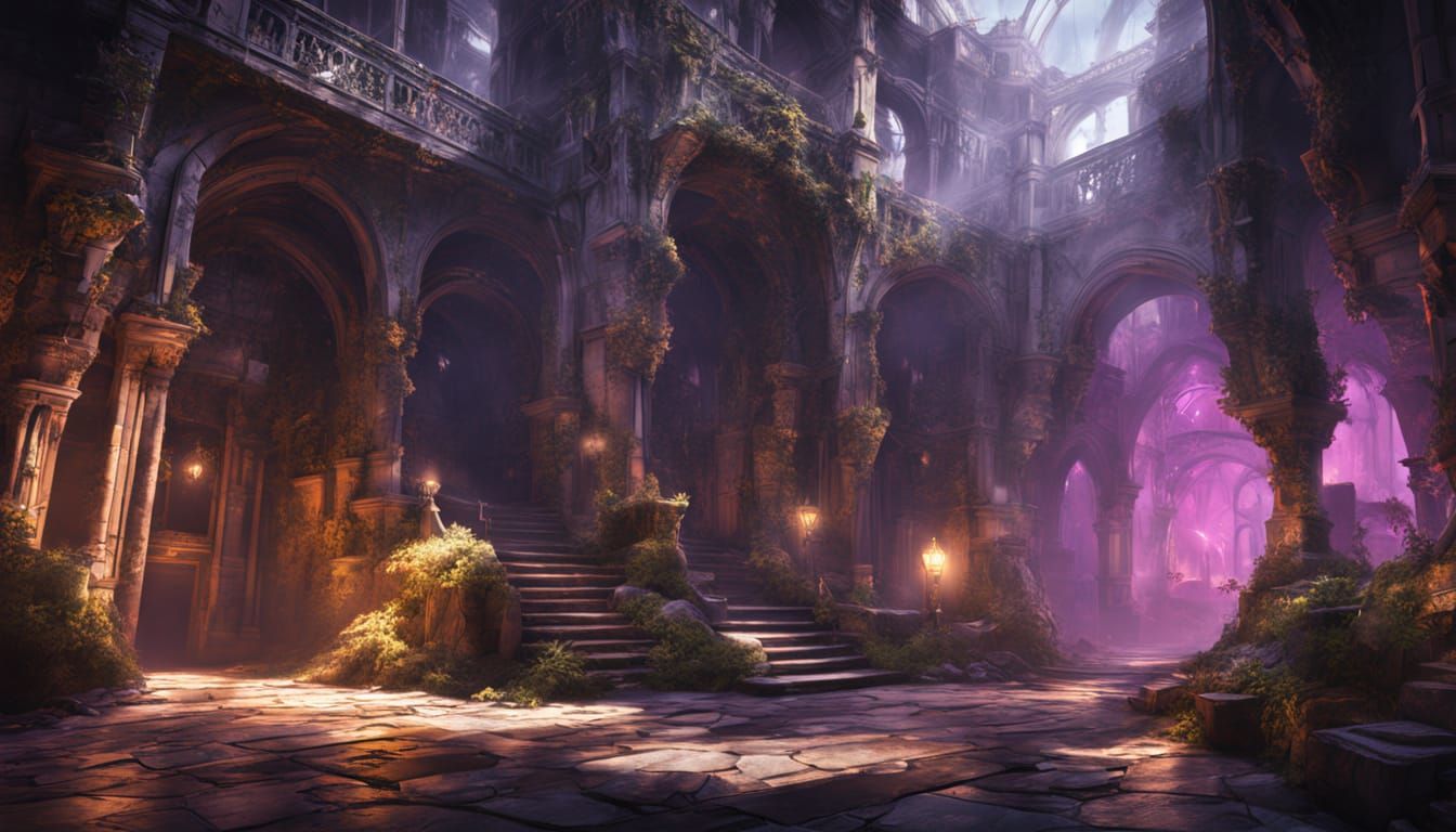 Dark Fantasy Ruins in Vibrant, Glowing Purple and Yellow Hue...