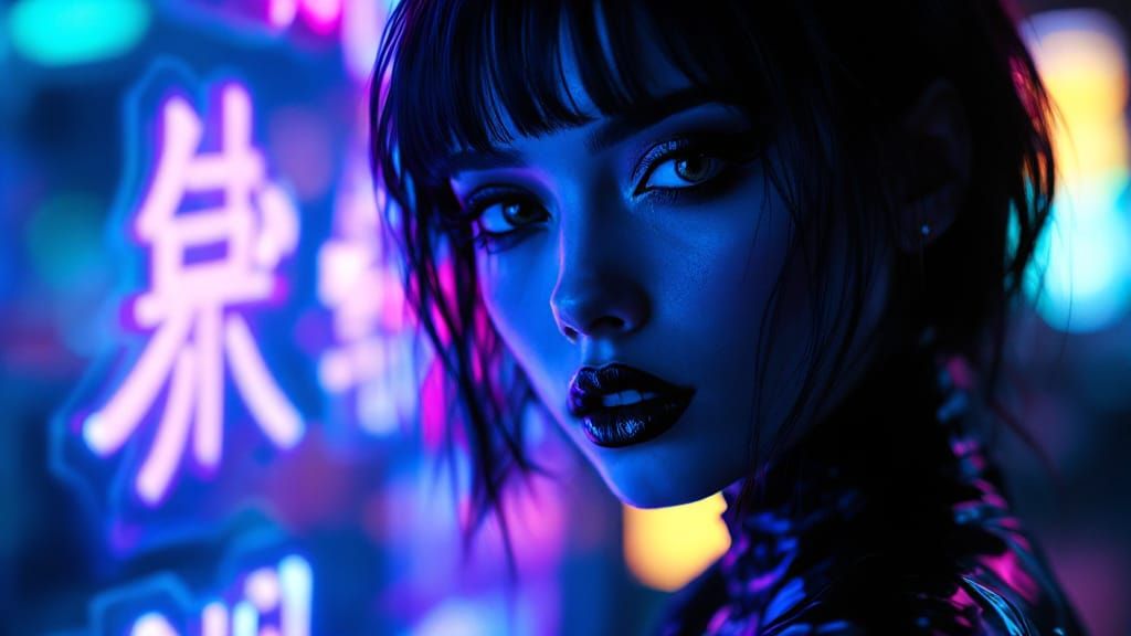 Gothic Cyber-Noir Portrait with Neon Reflections