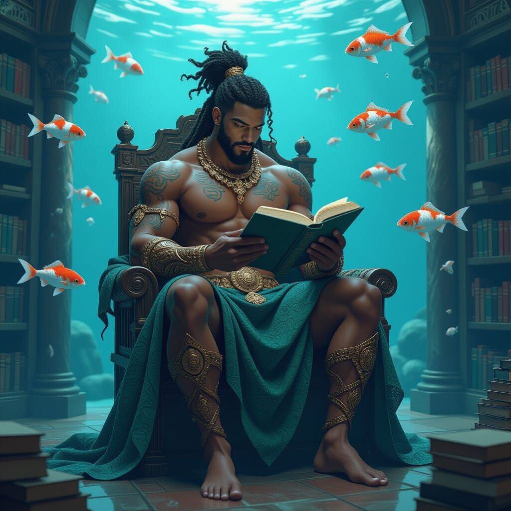 Anime Poseidon Merman Reading in Underwater Library