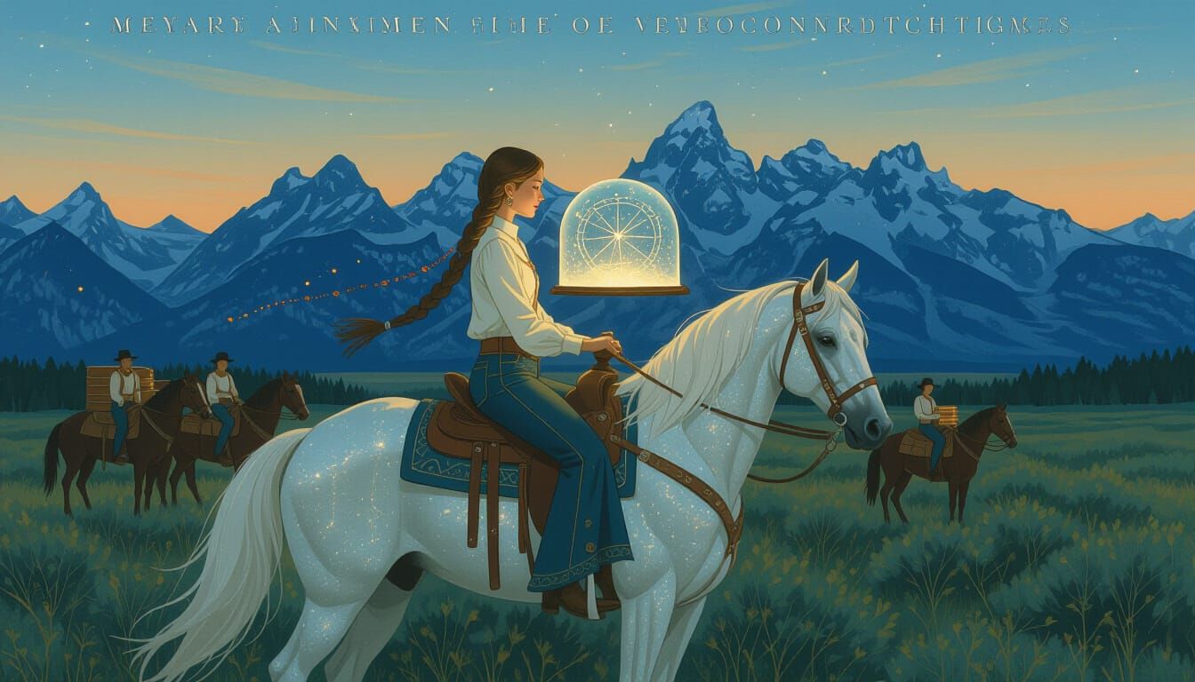 Cowgirl Riding Starlight Horse in Oil Painting Style
