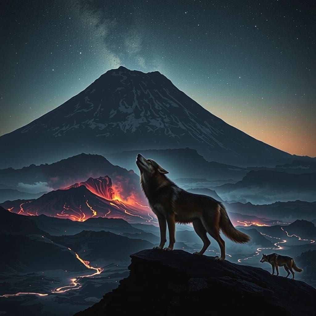 Wolf in a Haunting Volcanic Landscape