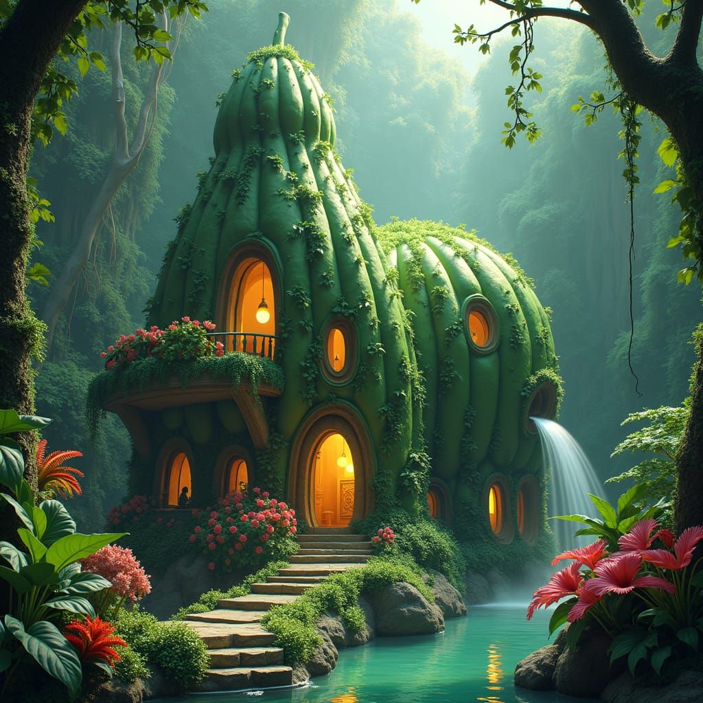 Cucumber Building in Lush Jungle: Matte Painting