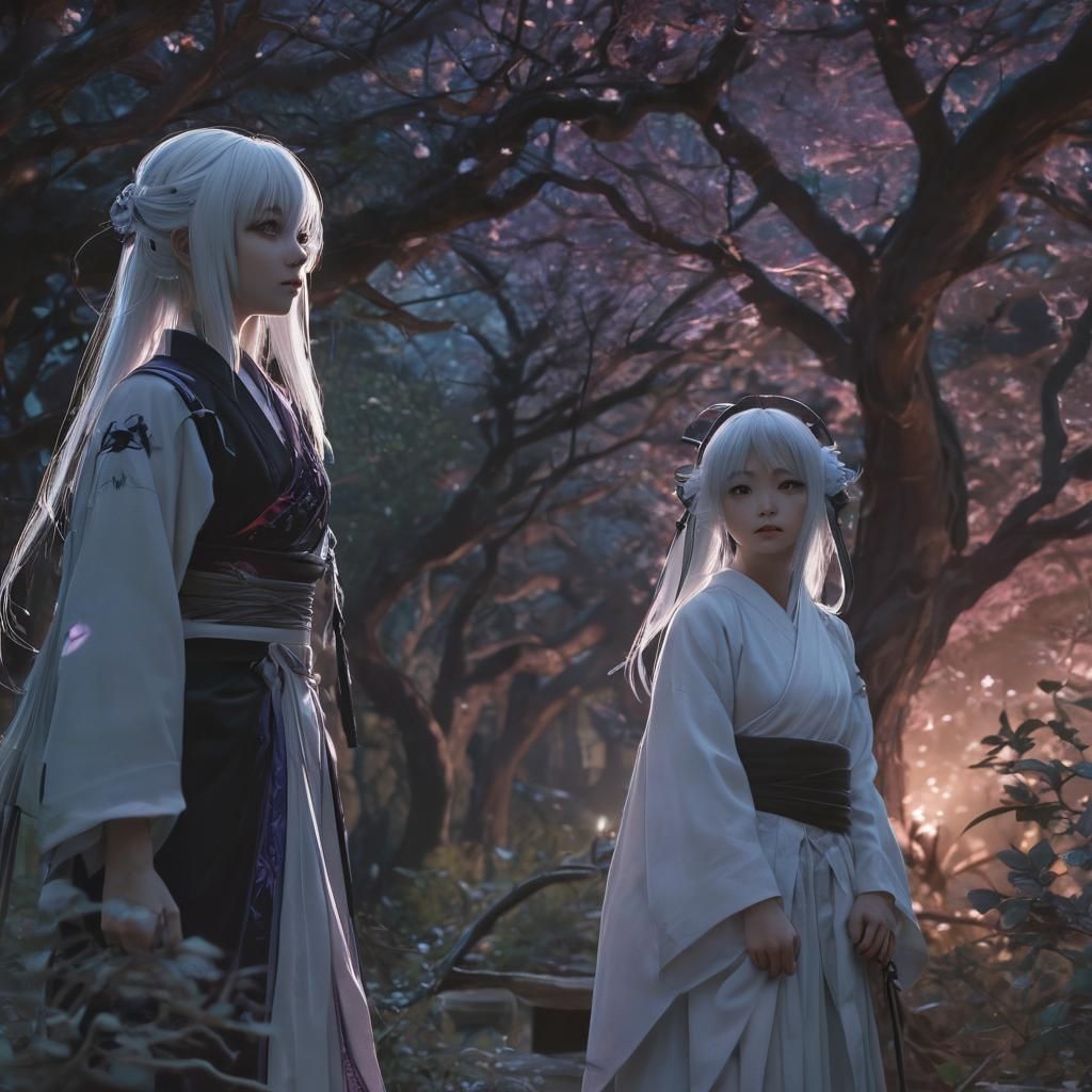 Youmu and Yuyuko in Haunted Garden at Night