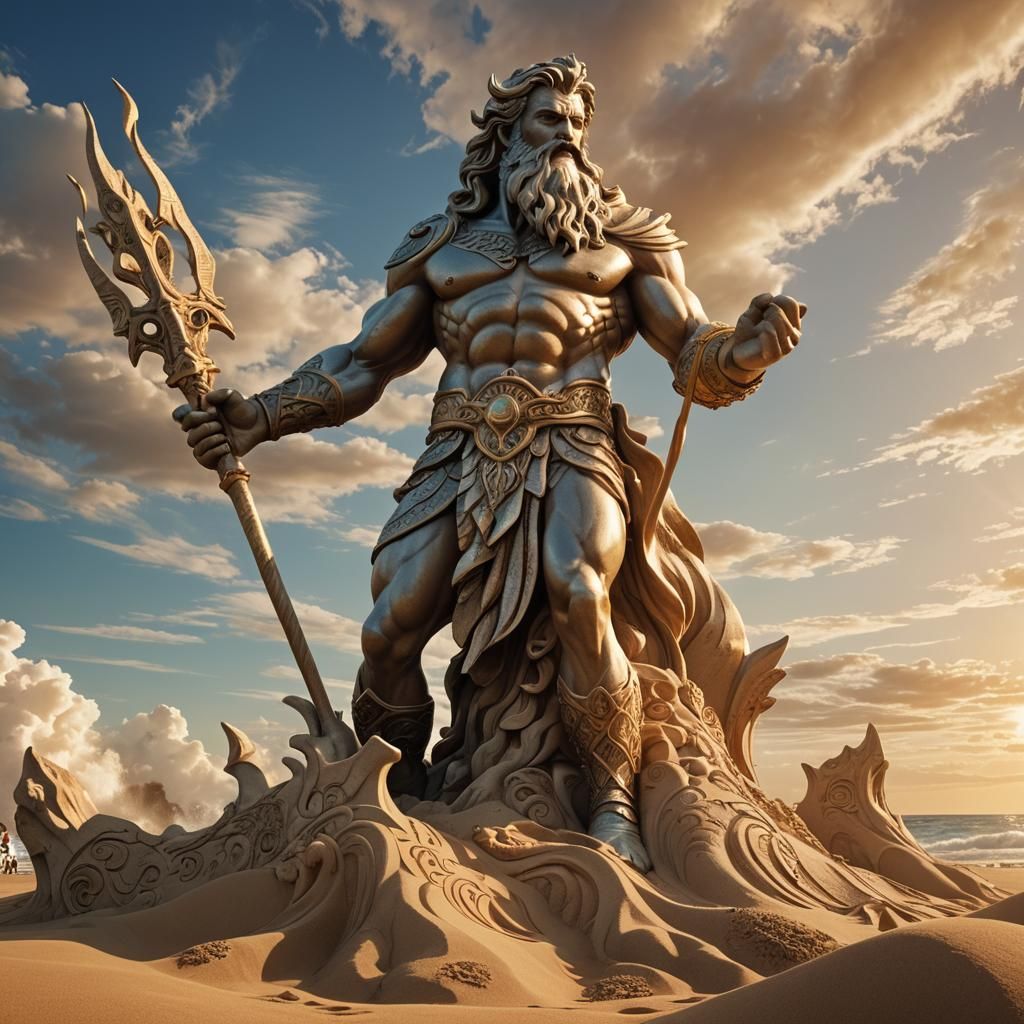 Majestic Poseidon on the Beach at Golden Hour