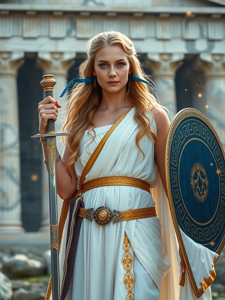 Greek Warrior Priestess Before Temple, Cinematic Photo-Reali...