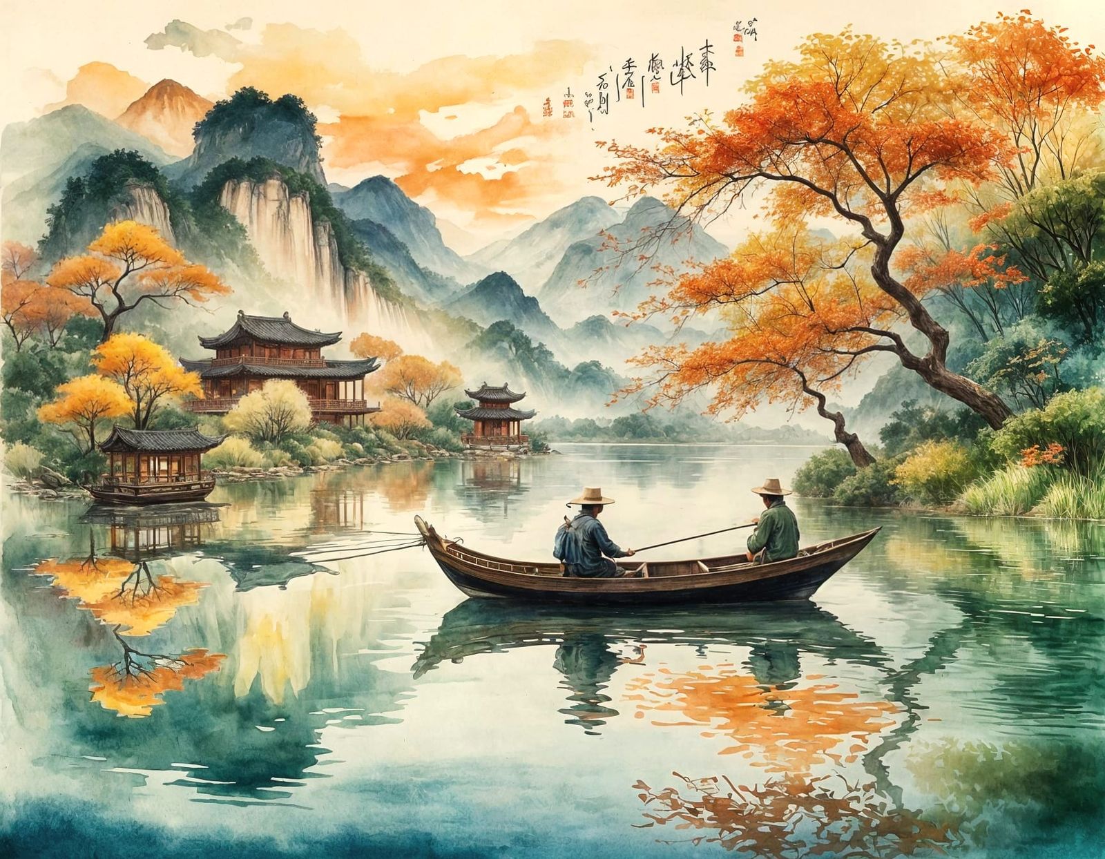 Fisherman on Asian Boat in Autumn Lake
