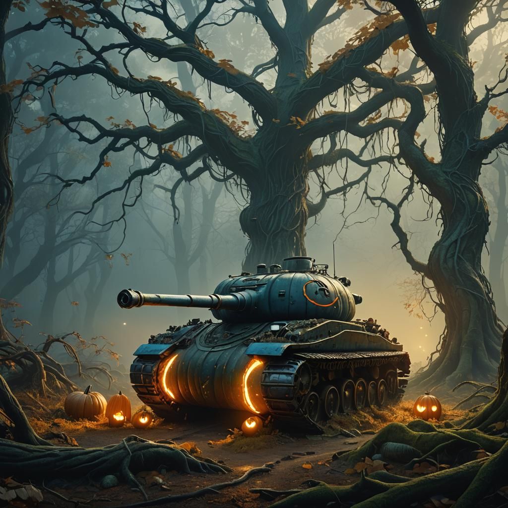 Pumpkin Tank in Mystical Forest, Matte Painting