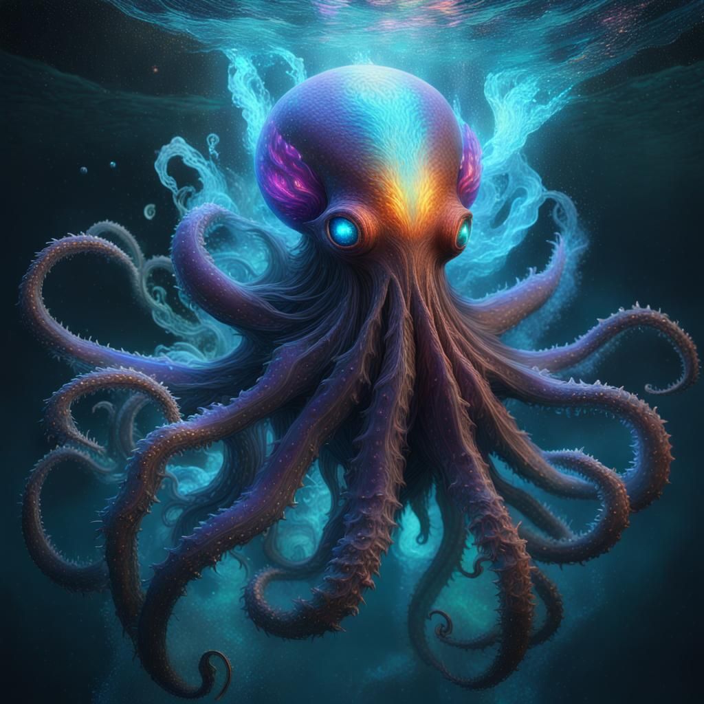 Bioluminescent Kraken-Human Hybrid in Ethereal Ocean