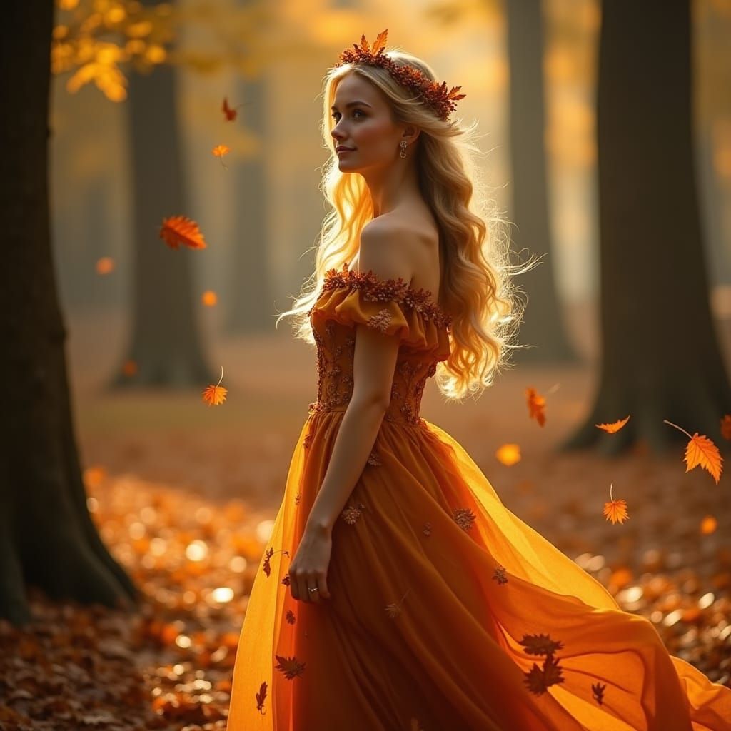 Autumn Woman in Amber Gown at Golden Hour