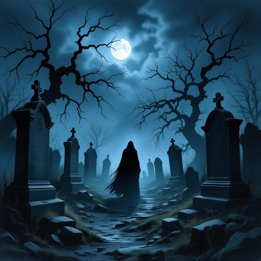 Spooky Graveyard at Night in Gothic Horror Style