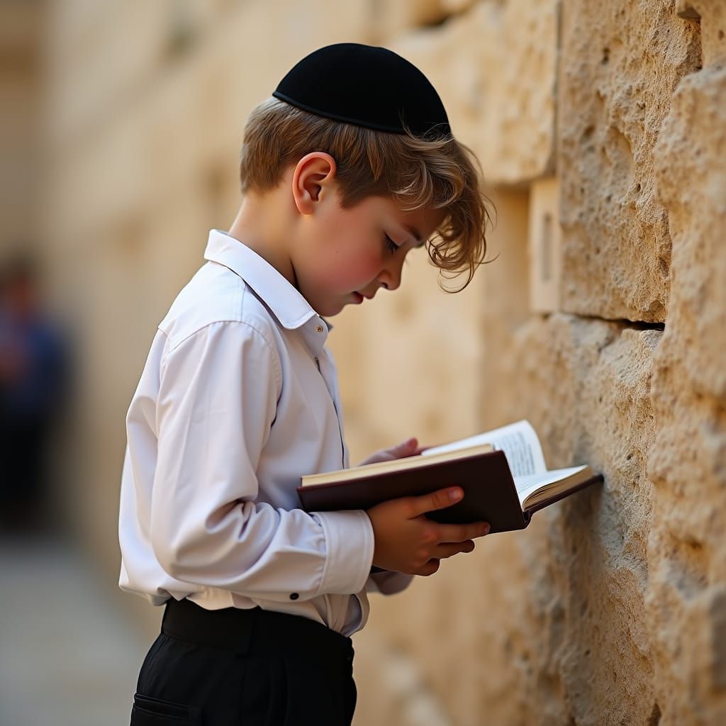 Emotional Portrait of a Jewish Boy Praying at Western Wall