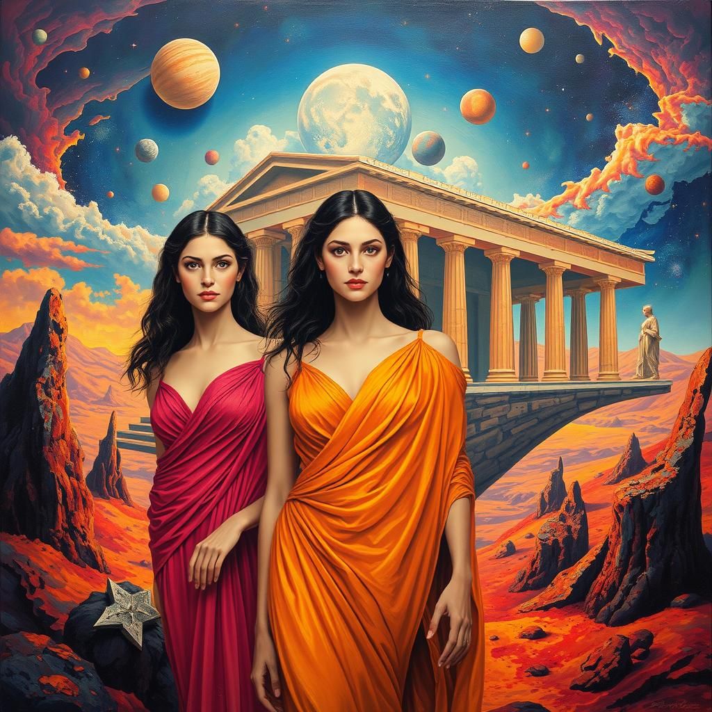 Futuristic Greek Goddesses in Surreal Oil Painting