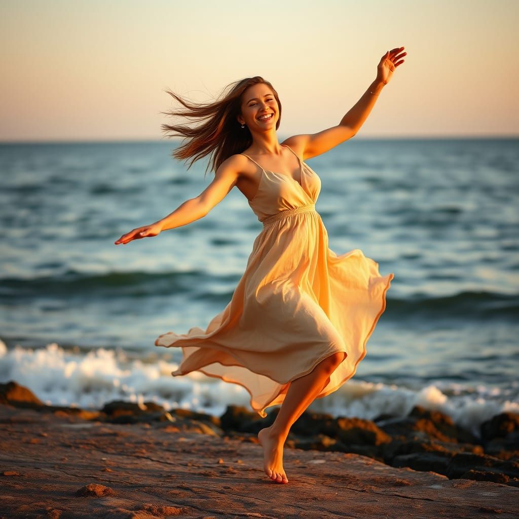 Joyful Woman Dancing Freely by the Sea