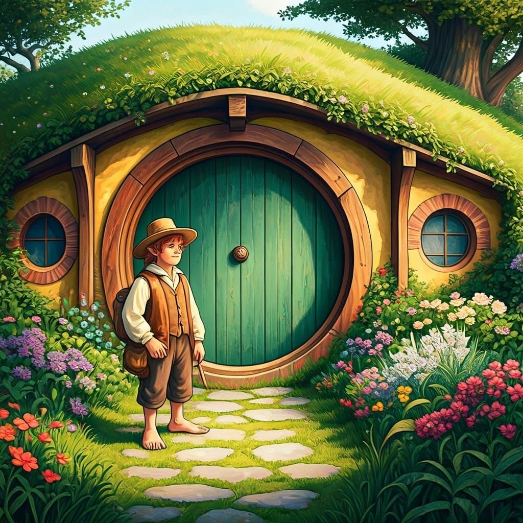 Hobbit at Hobbit Hole Door in Storybook Style