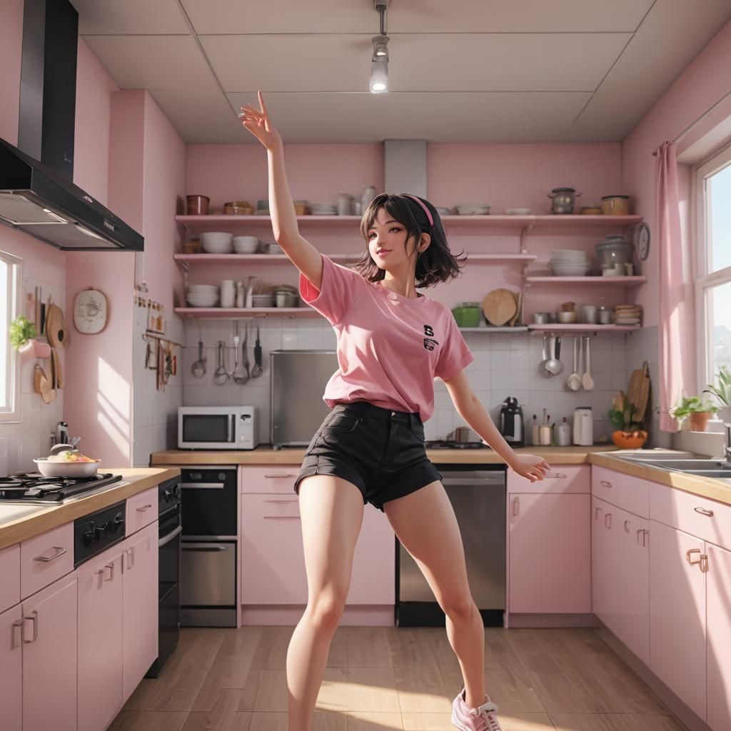 Woman Dancing in Kitchen: 3D Anime Art