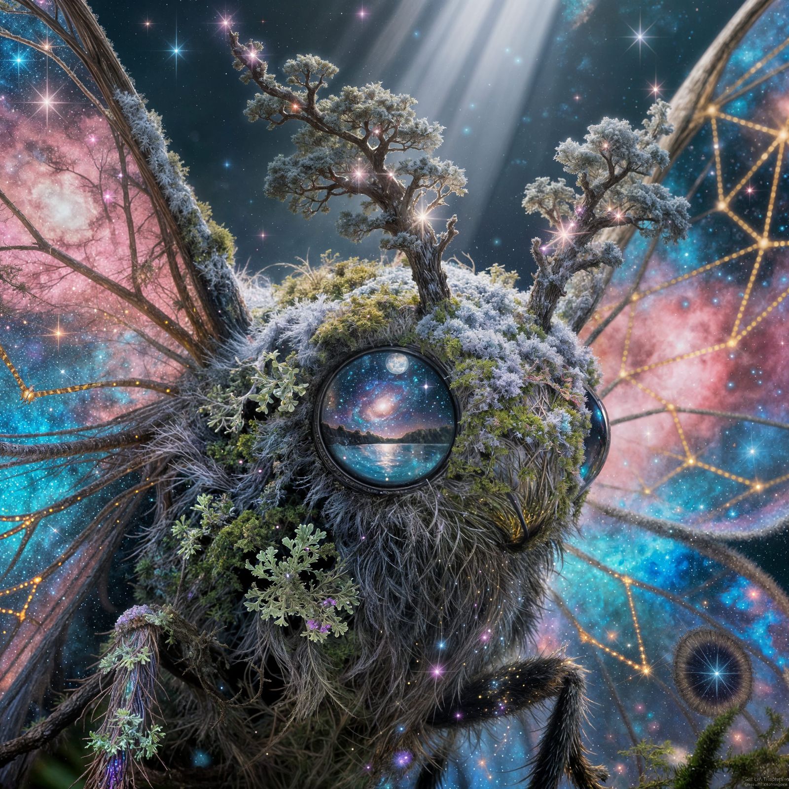 Celestial Weaver Moth Head and Wings in Cosmic Nebula