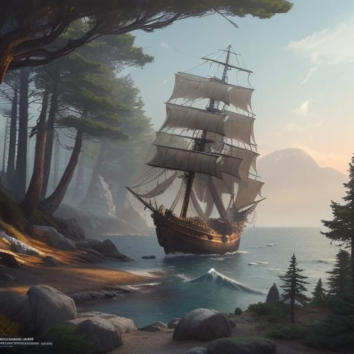 Fantastical Sloop Ship on Rocky Coast
