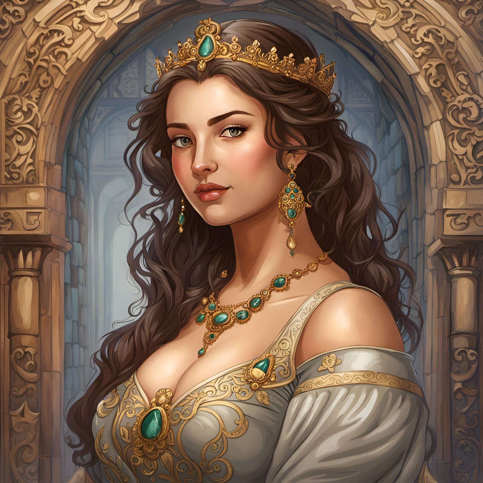 Curvy Woman on Throne: Ghibli-Style Watercolor