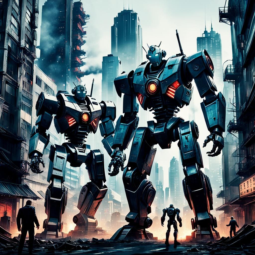 Epic Robot Battle in Neo-Noir Cityscape