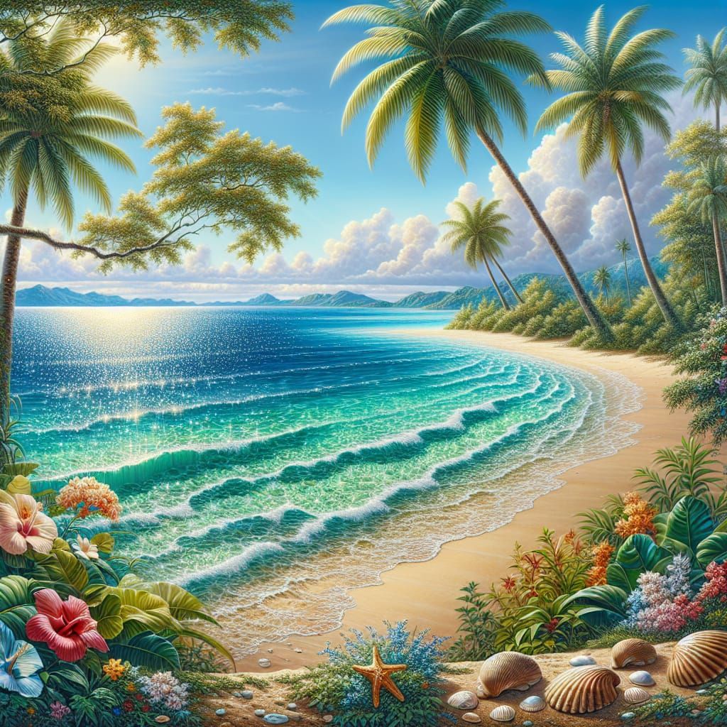 Glittering Sea on Tropical Island Beach Painting