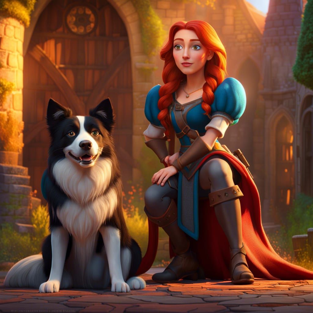 Redhead Heroine and Collie in Medieval Setting, 3D Art