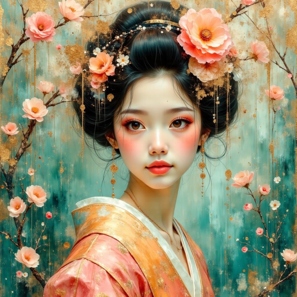 Geisha in Cherry Blossoms: Hyperdetailed Oil Painting