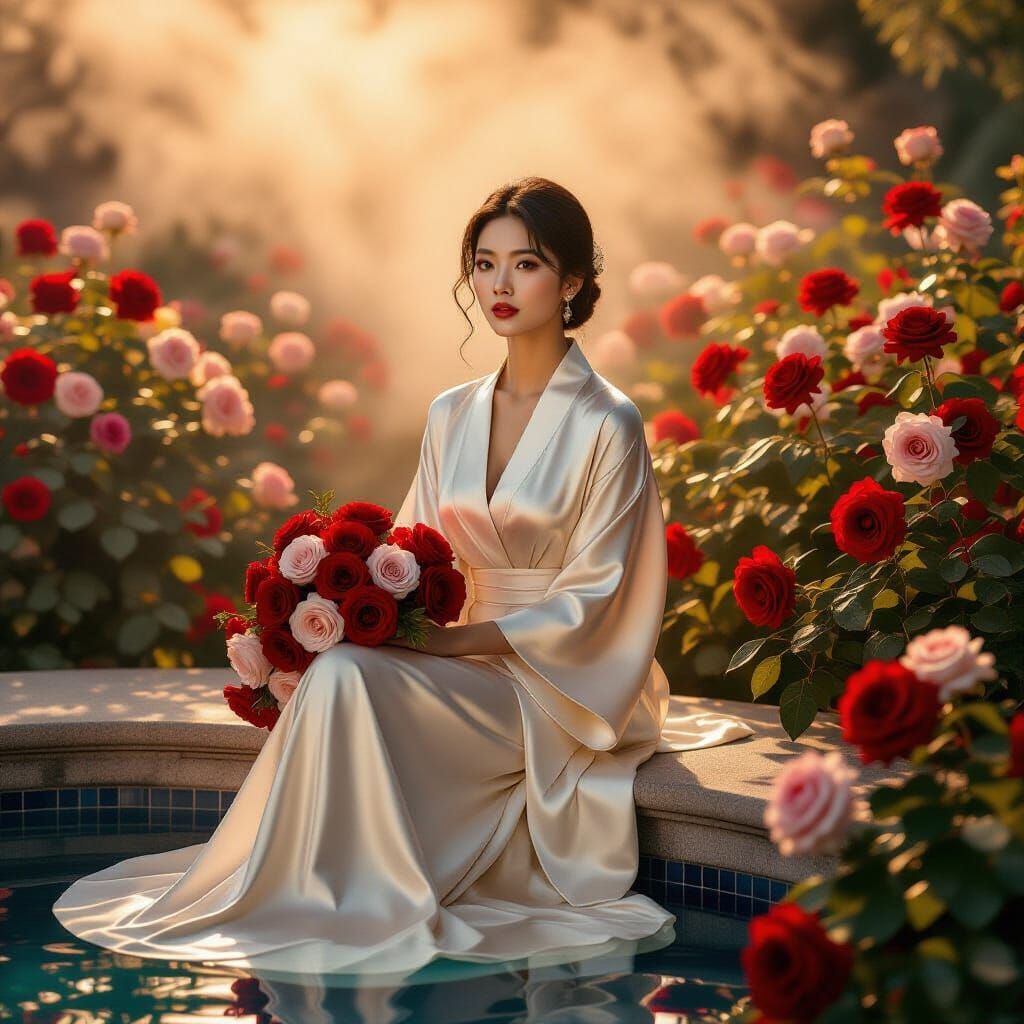 Elegant Woman in Rose Garden Vogue Editorial