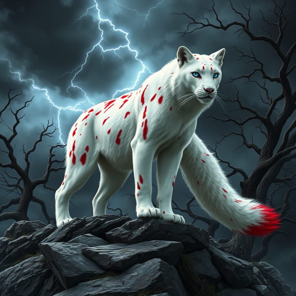Majestic Fox-Panther Hybrid in a Dark Fantasy Landscape