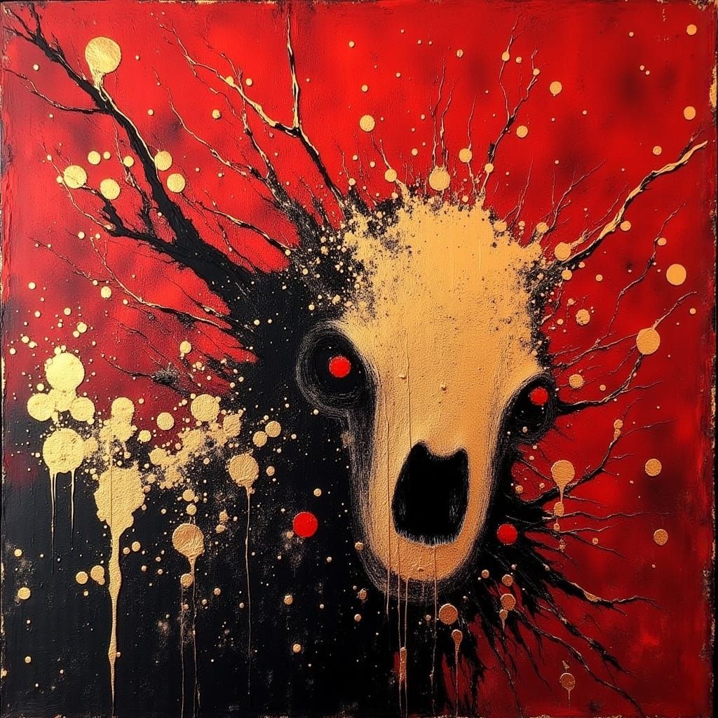 Red Morbid Painting with Gold Leaf Accents