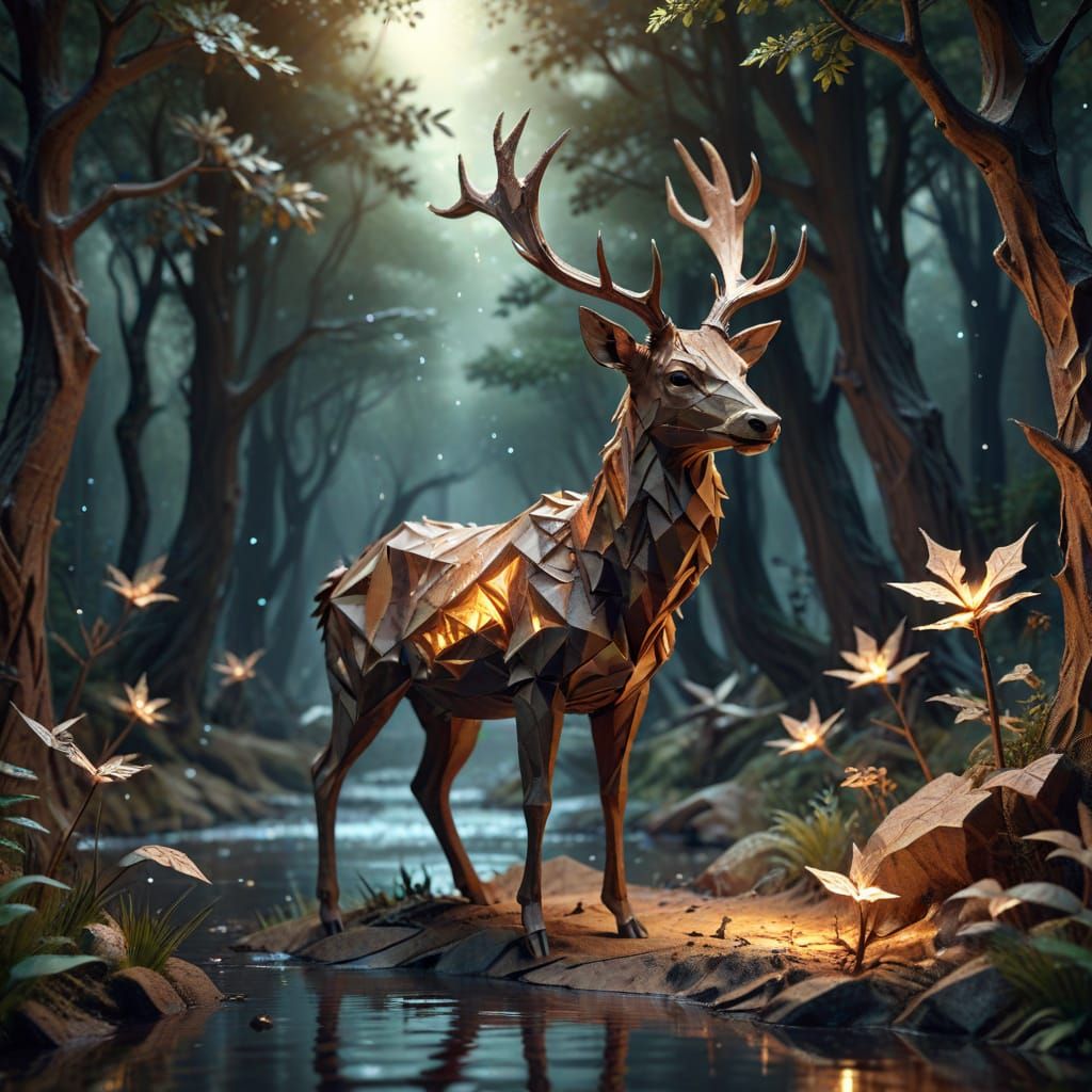 Mystical Stardust Deer in Origami Papercraft Style