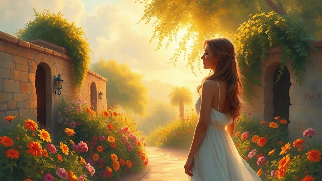 Woman in Golden Light, Impressionist Garden Scene