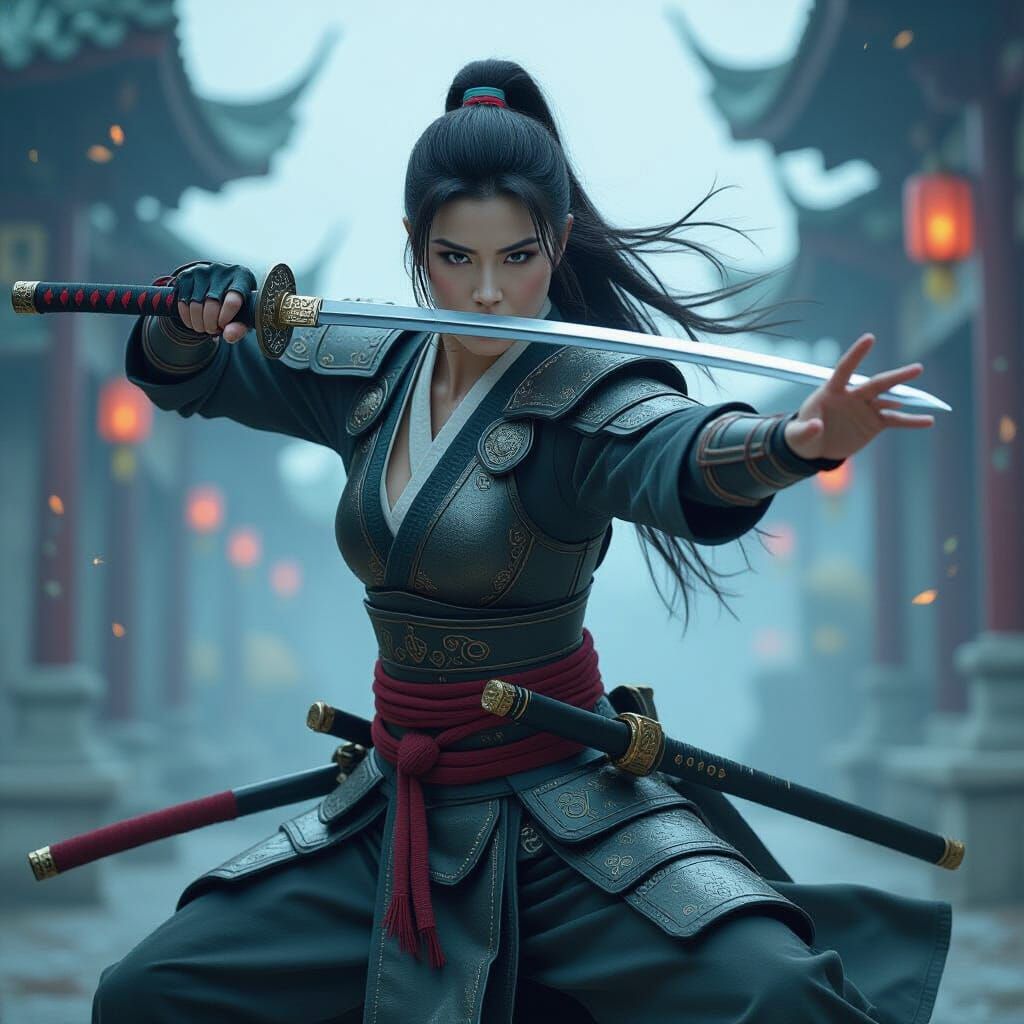 Asian Fantasy Warrior Mid-Attack, Cinematic Digital Art