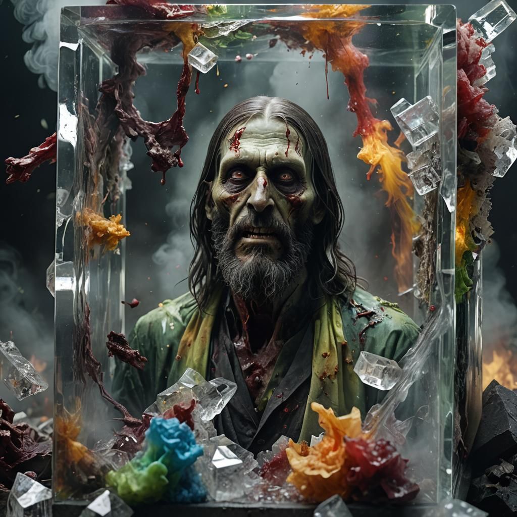 Zombie Rasputin in Crystal Cube: Hyperrealistic 3D Rendering