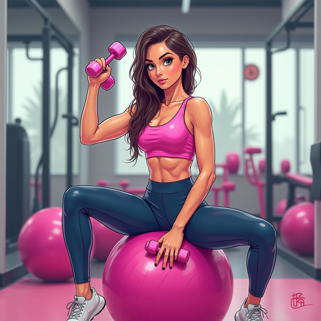 Fitness Model Poses With Weights on Pink Ball in Modern Gym