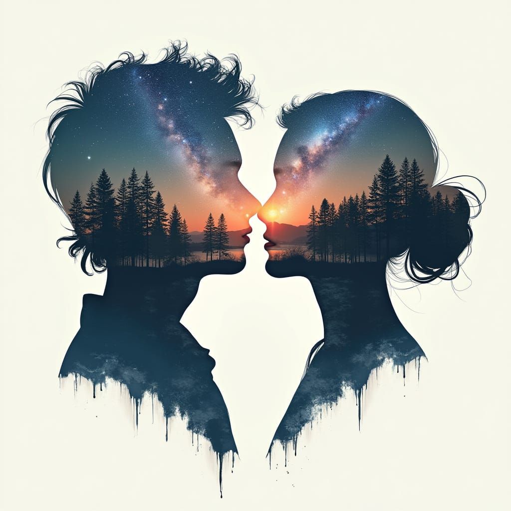 Silhouette Couple: Galaxy Cityscape Double Exposure