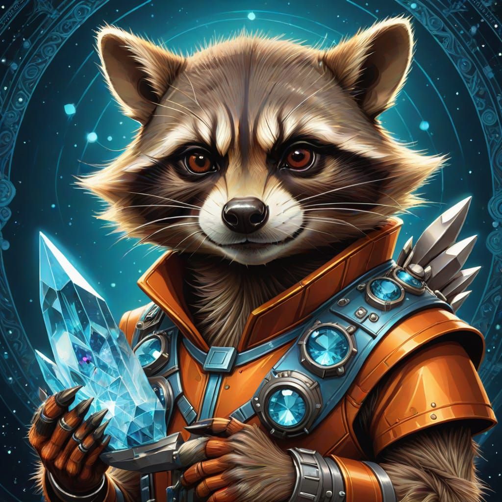 Rocket Raccoon with Crystals in Magical Realism Style
