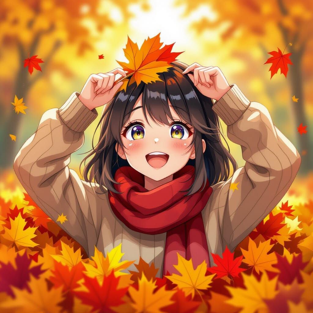Joyful Anime Girl Laughing in Fall Leaves, Glitchcore Style