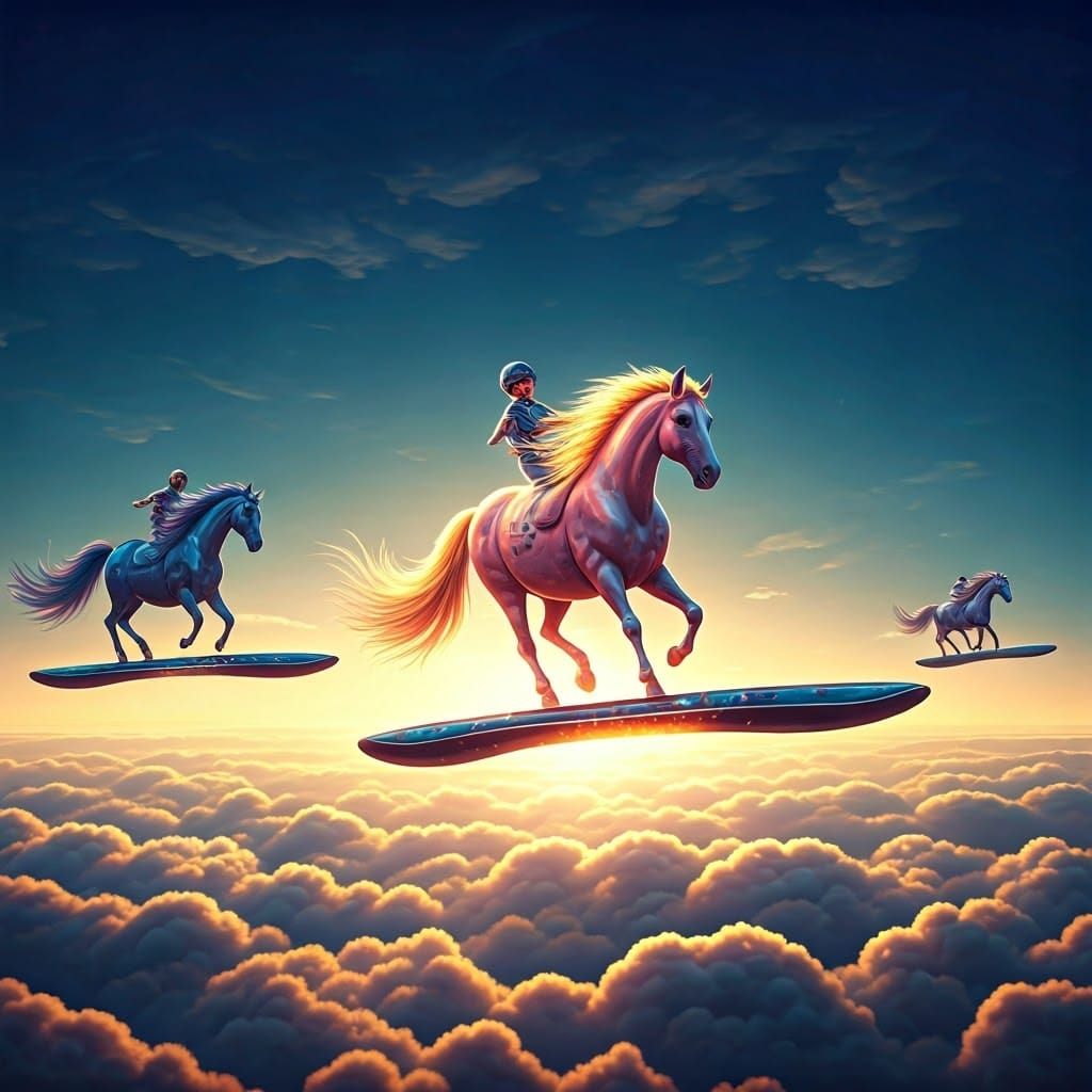 Horses on Hoverboards in a Matte Painting Style