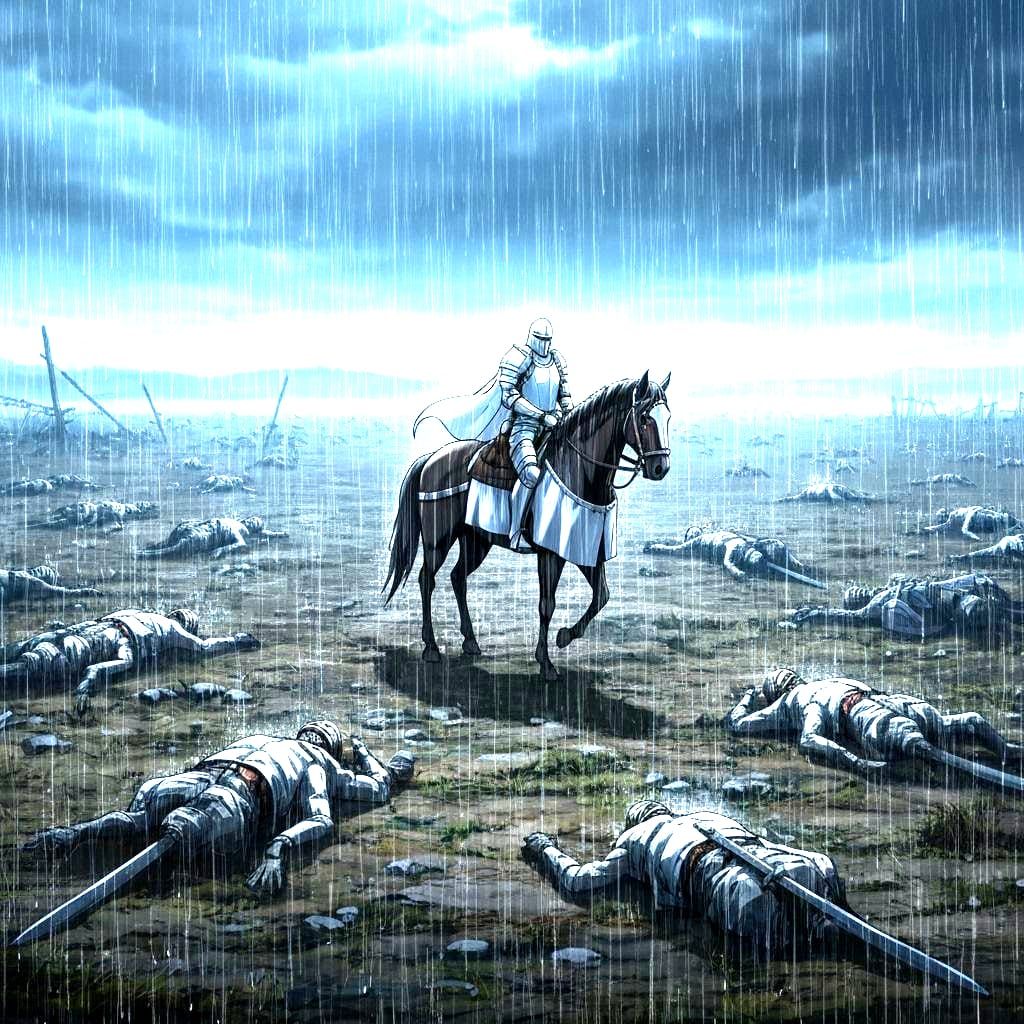 Knight Survives Battlefield After Rain, Anime Style