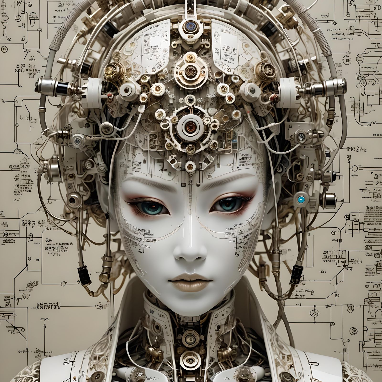 Cyborg Geisha Doll with Schematic Writing