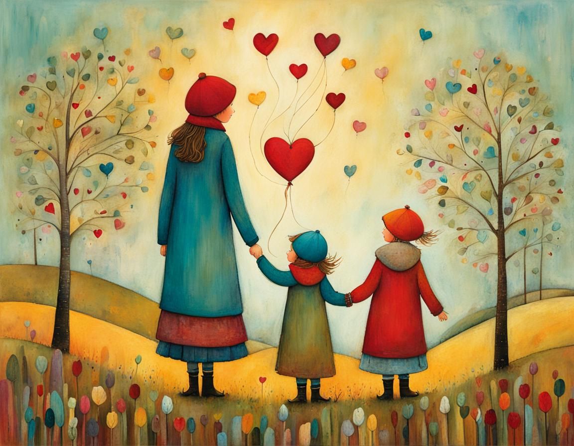 Joyful Mother and Children Whimsical Illustration