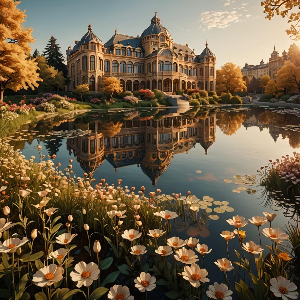 Art Nouveau Landscape with Golden Light and Flowers