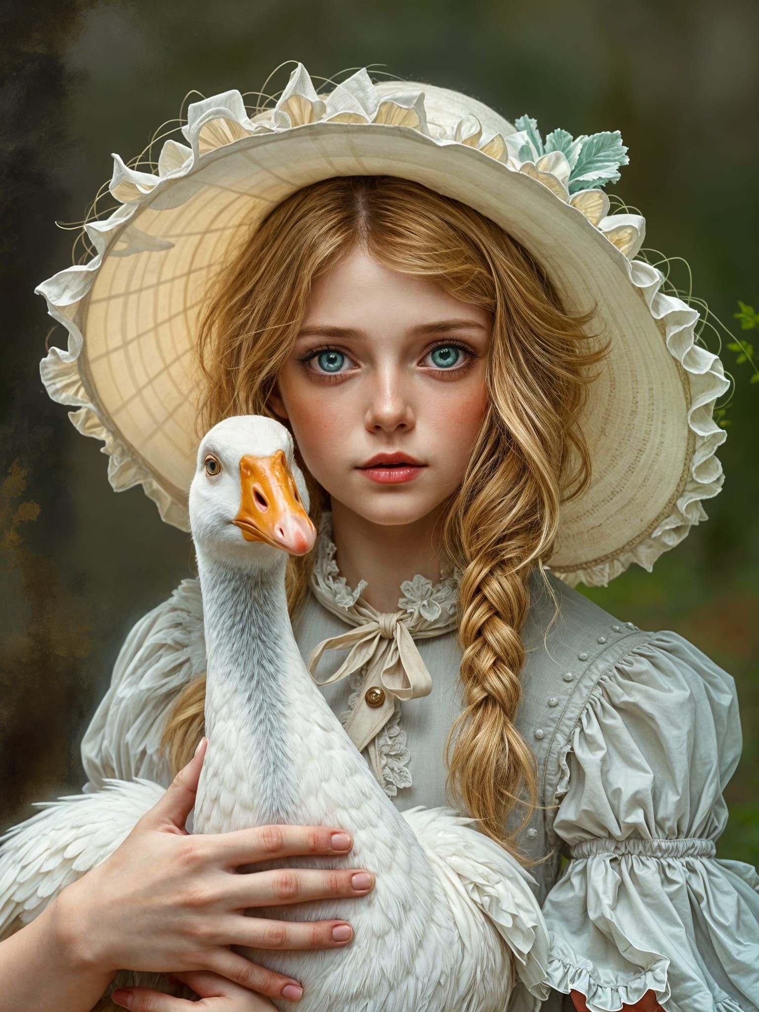 Girl in Elegant Edwardian Hat Holds a Goose in a Realistic O...
