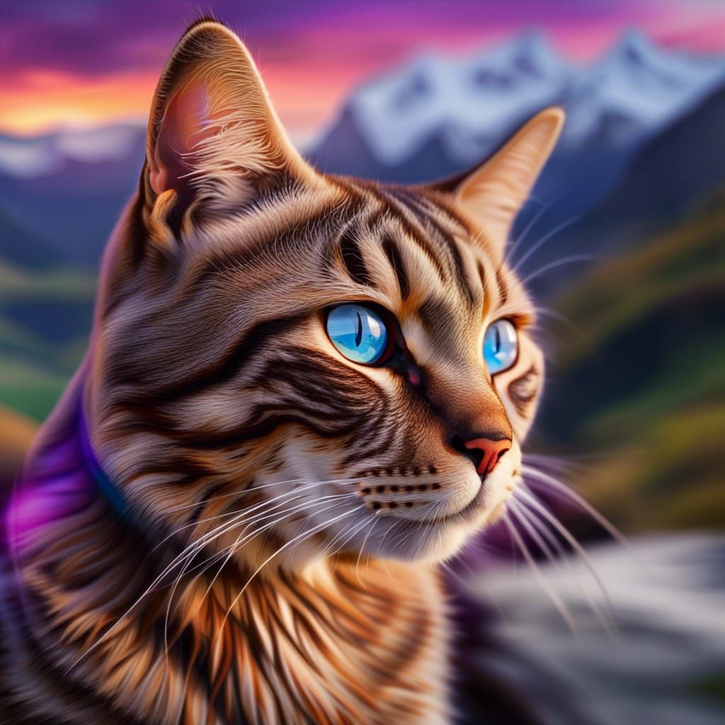 Tabby Cat Portrait in Mountain Landscape
