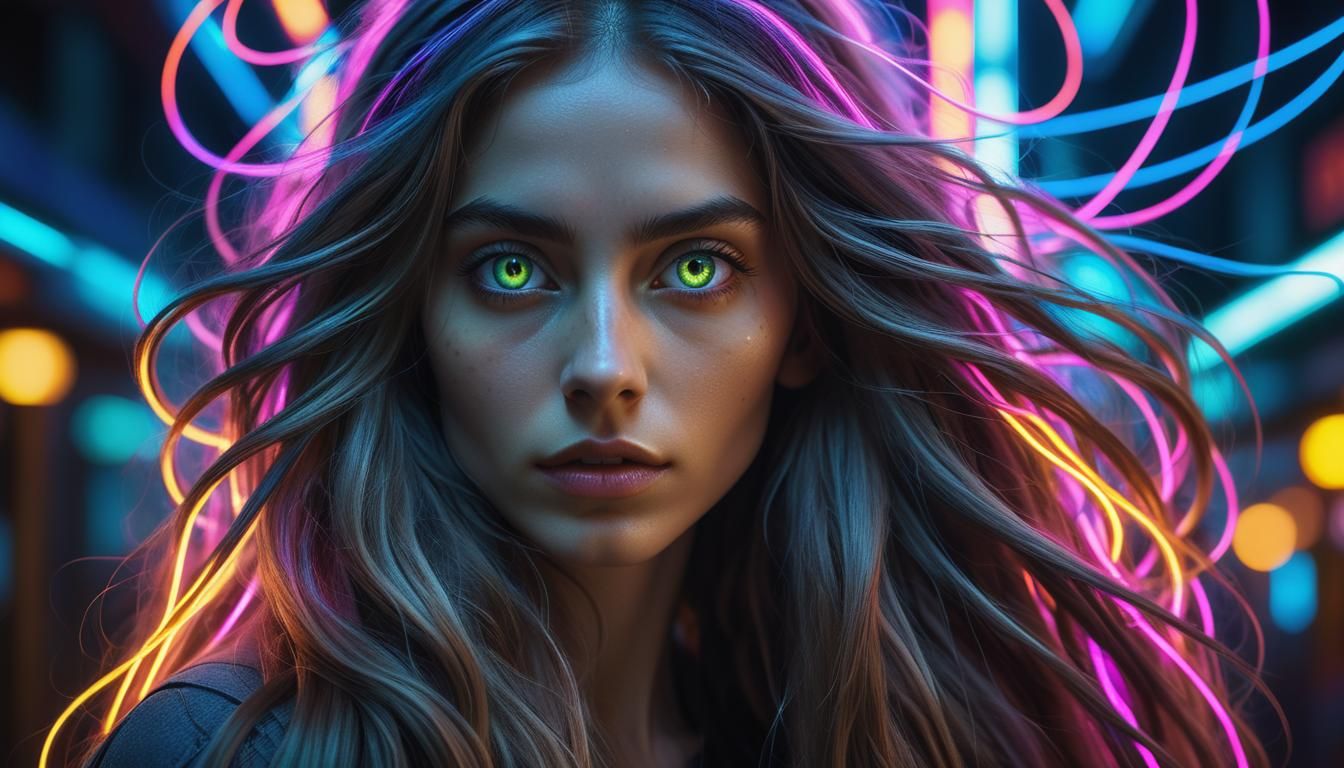 Neon-Lit Portrait of a Young Woman