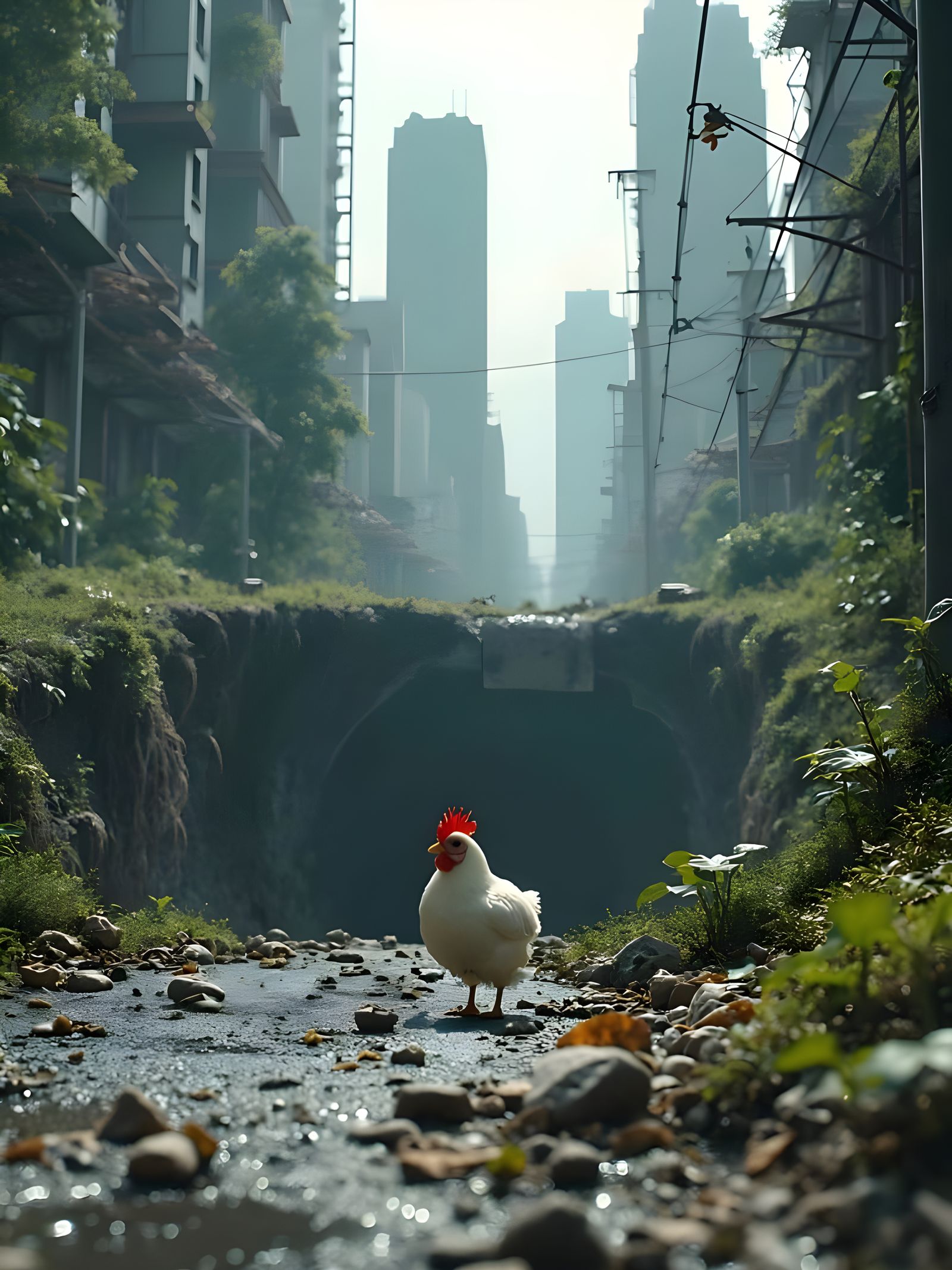 Chicken Crosses Post-Apocalyptic Road: Matte Painting