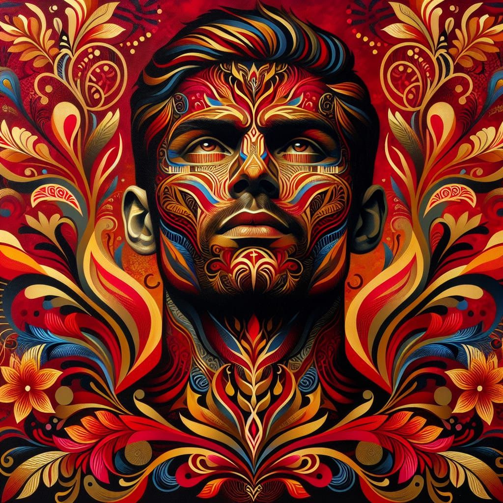 Vibrant South Asian Man in Folkloric Patterns