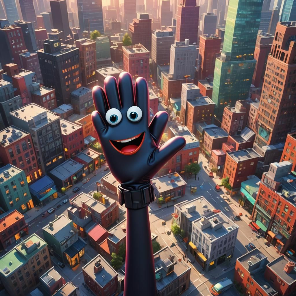 Cartoon Glove Greets City, 3D Rendered Concept Art