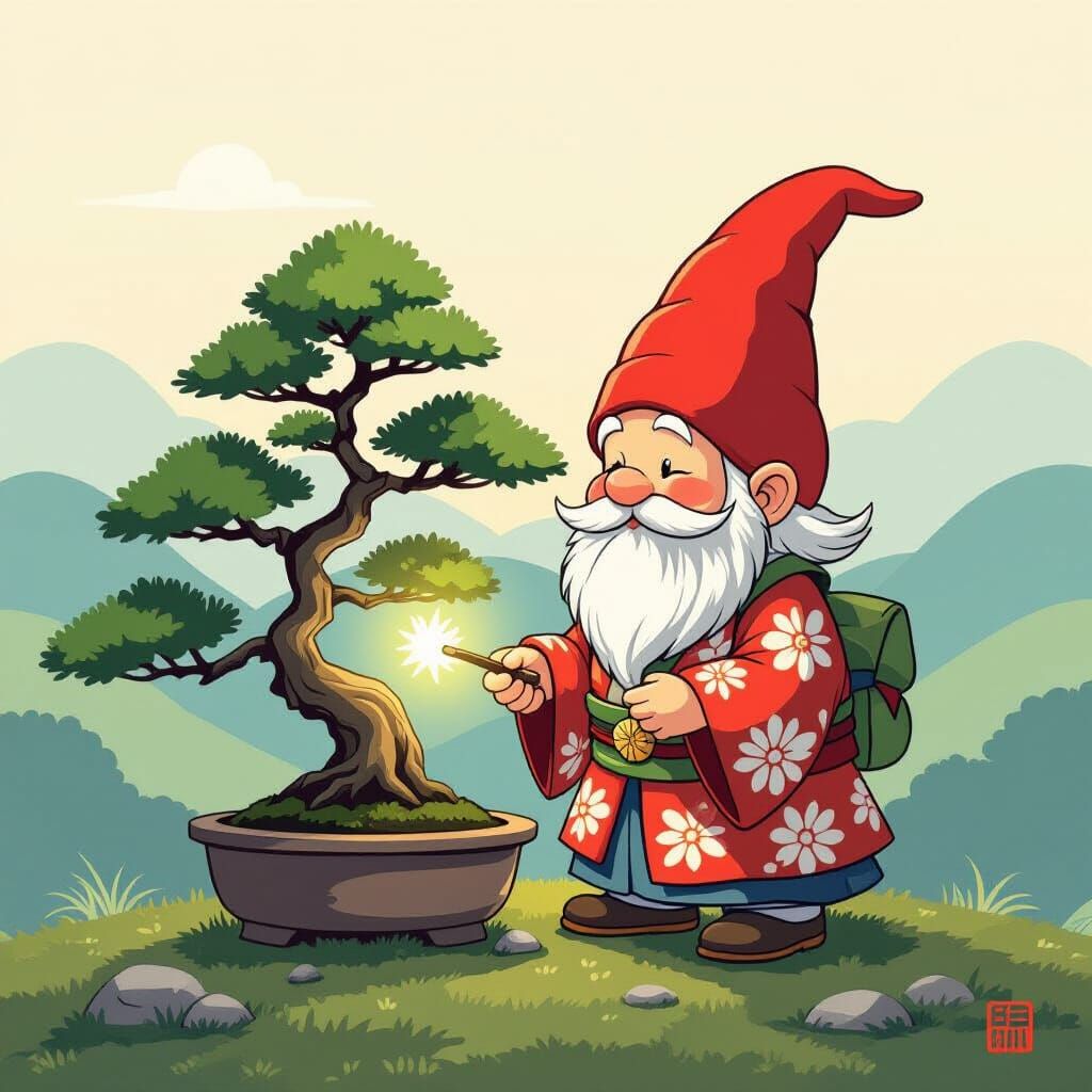 Ukiyo-e Gnome Tends Glowing Bonsai in Painterly Landscape